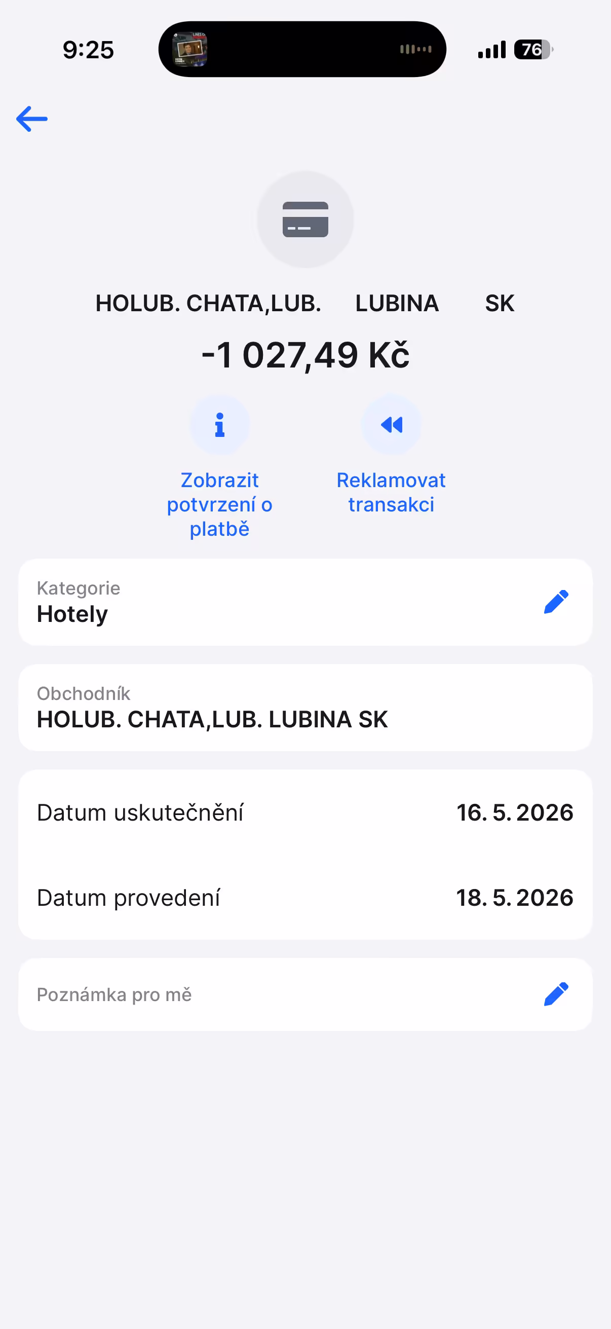 Výpis platby kartou Moneta v eurech (1/2)