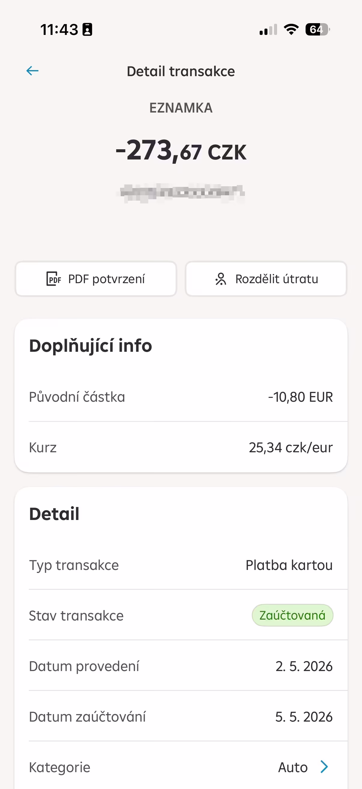 Výpis platby kartou Raiffeisenbank v eurech (2. 5.)