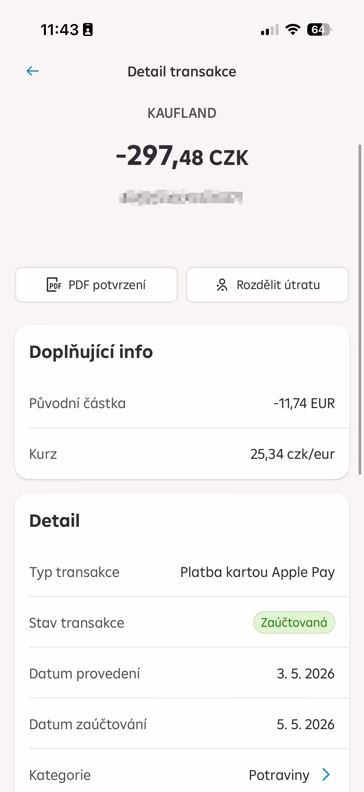 Výpis platby kartou Raiffeisenbank v eurech (3. 5.)