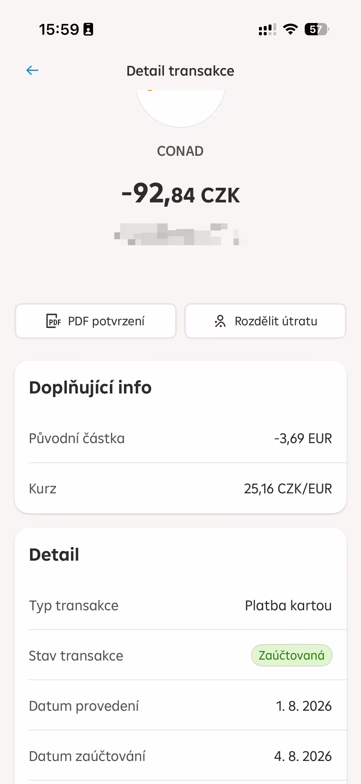 Výpis platby kartou Raiffeisenbank v eurech (provedení 1. 8. 2026, zaúčtování 4. 8. 2026)