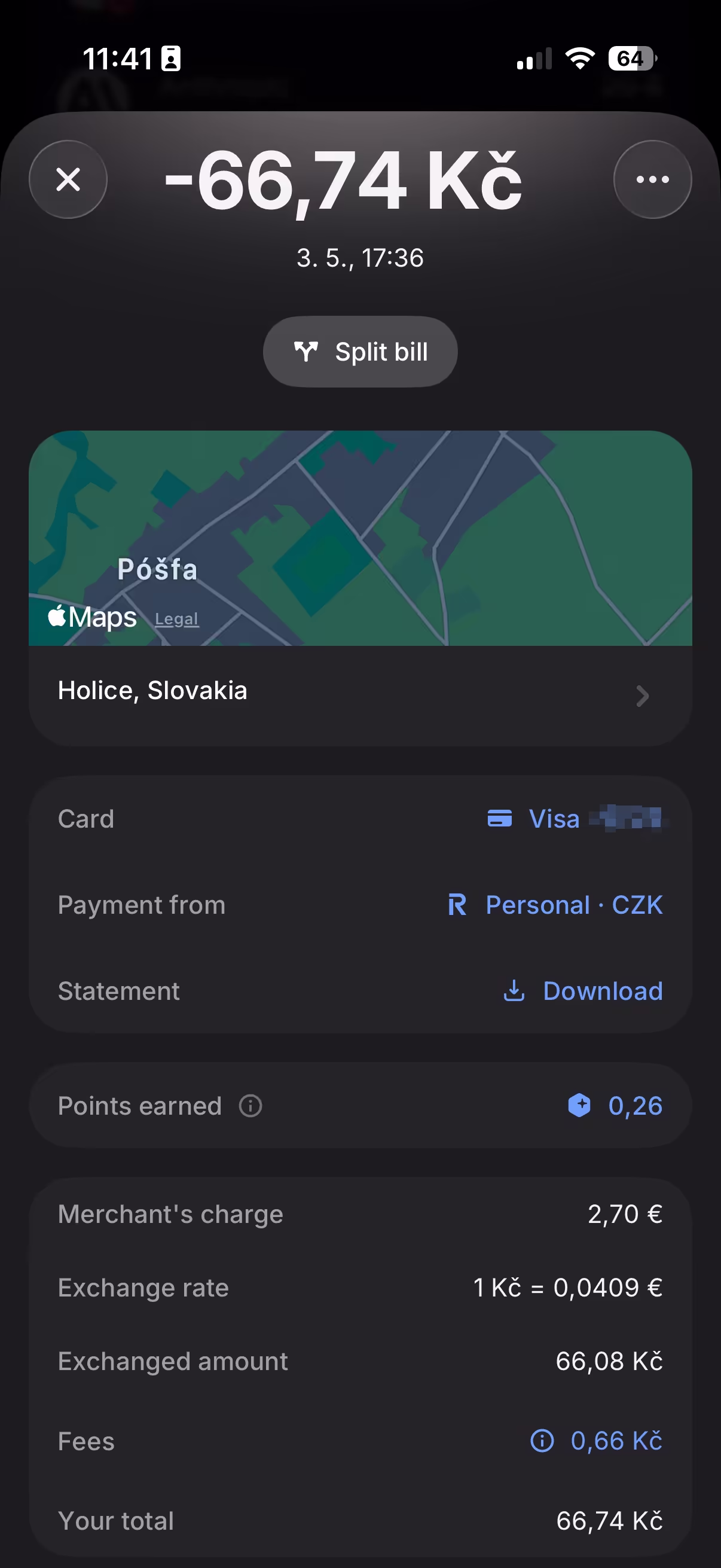 Výpis víkendové platby kartou Revolut v eurech
