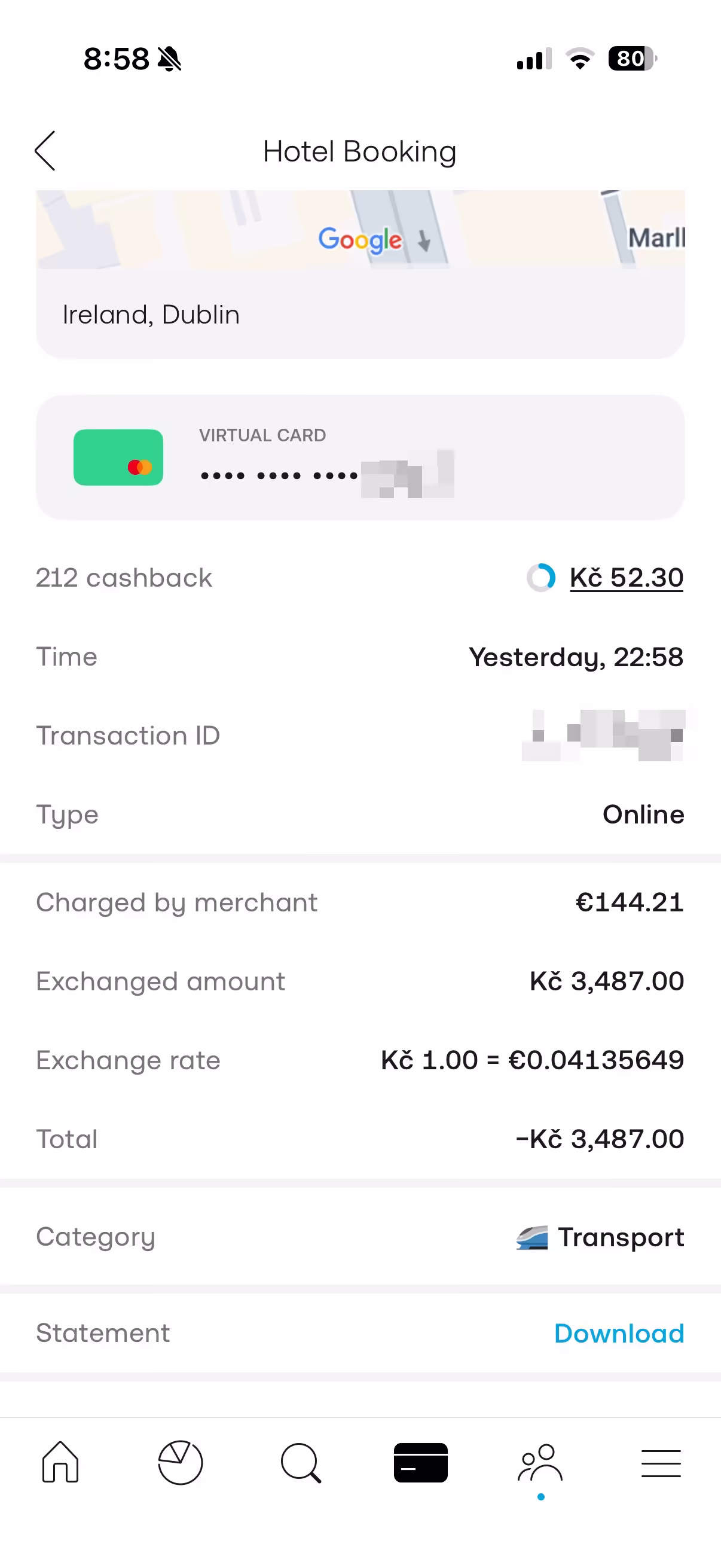 Výpis platby kartou Trading 212 v eurech
