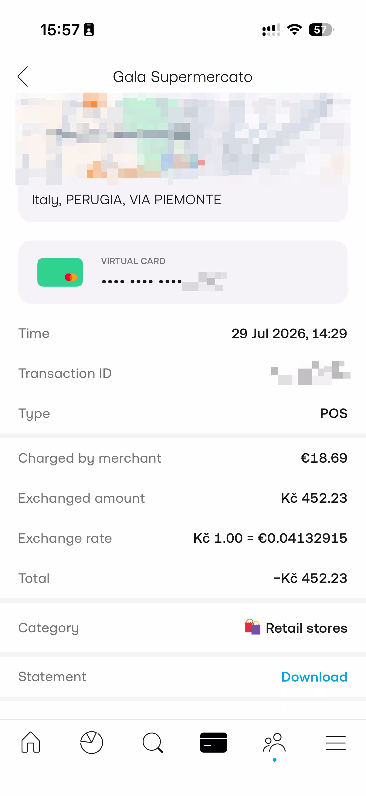 Výpis platby kartou Trading 212 v eurech (29. 7. 2026)